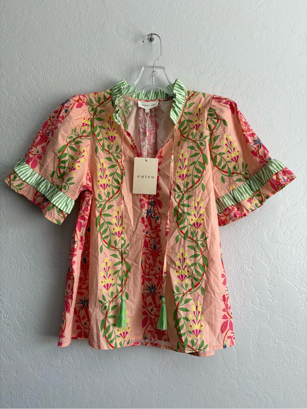 entro Pink Floral Printed Ruffle Trim Blouse with Green Accents